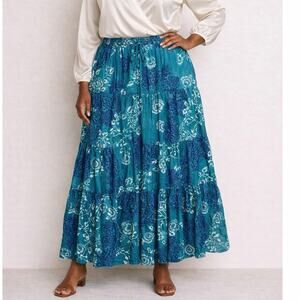 Vintage Krazy Kat Teal Blue Floral Tiered Cotton Boho Skirt XL cottagecore artsy